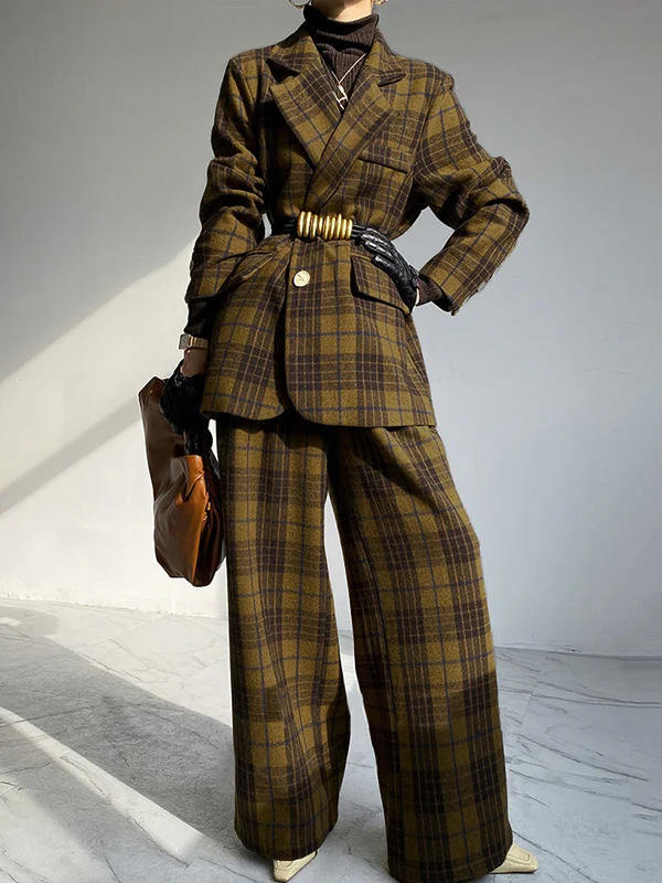 Plaid Split-Joint Lapel Jackets Woolen Coat - Image 8