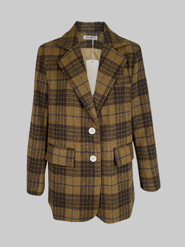 Plaid Split-Joint Lapel Jackets Woolen Coat - Image 9