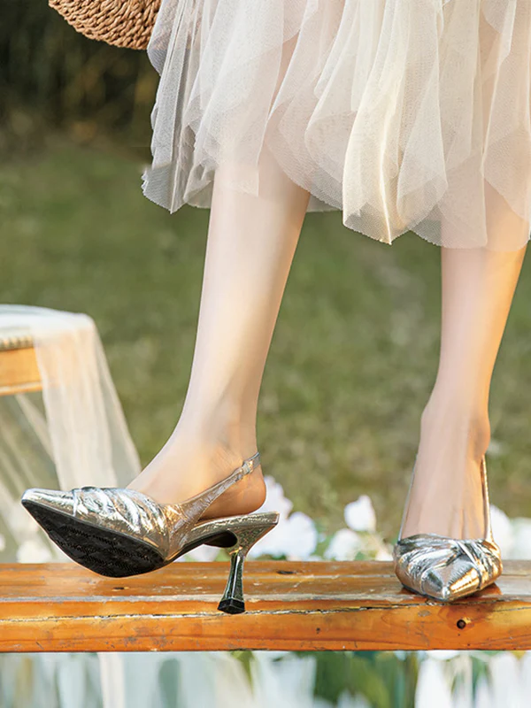 Pleated Pointed-Toe Split-Joint Sandals Sling Shoes - Image 6