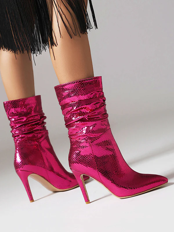 Pleated Snakeskin Printed Solid Color Split-Joint Boots Pumps - Image 10