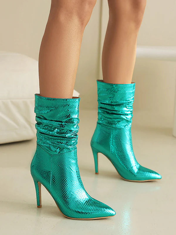 Pleated Snakeskin Printed Solid Color Split-Joint Boots Pumps - Image 8