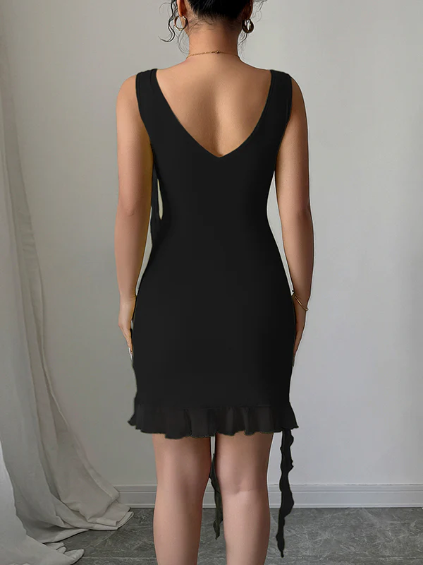 Bodycon High Waisted Pleated Solid Color V-Neck Mini Dresses - Image 11