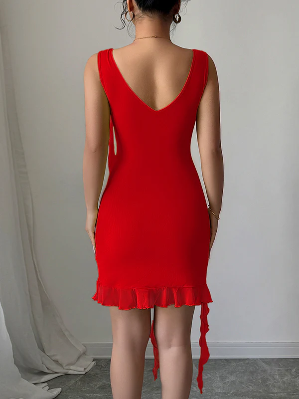 Bodycon High Waisted Pleated Solid Color V-Neck Mini Dresses - Image 5