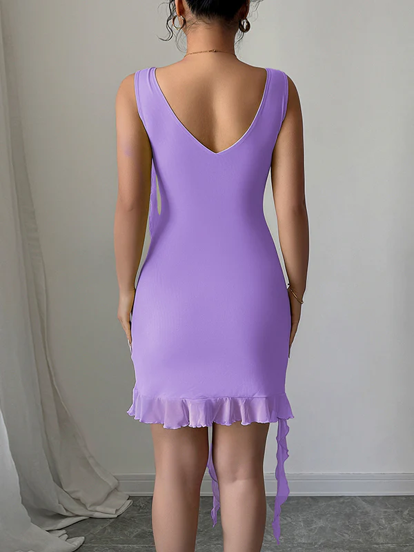 Bodycon High Waisted Pleated Solid Color V-Neck Mini Dresses - Image 8