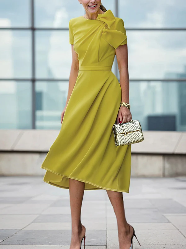 Loose Short Sleeves Pleated Solid Color Split-Joint Round-Neck Evening Dresses Midi Dresses - Image 2
