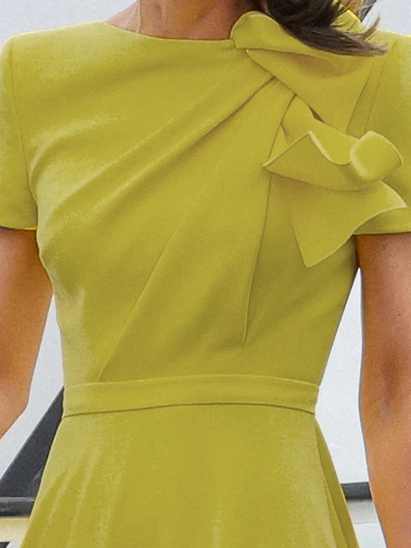 Loose Short Sleeves Pleated Solid Color Split-Joint Round-Neck Evening Dresses Midi Dresses - Image 3
