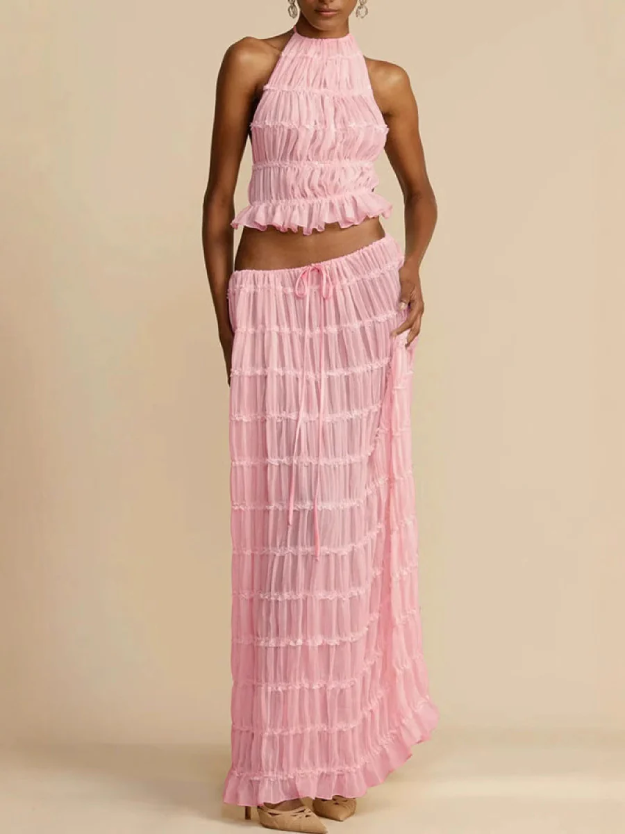 Pleated Solid Color Textured Halter-Neck Cropped Backless Ruffled Tank Top + Tied Waist High Waisted Skirts Bottoms Two Pieces Set