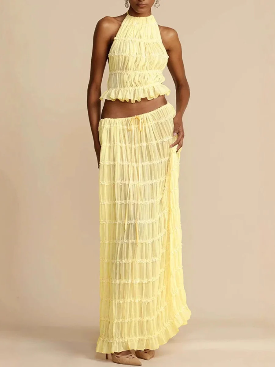 Pleated Solid Color Textured Halter-Neck Cropped Backless Ruffled Tank Top + Tied Waist High Waisted Skirts Bottoms Two Pieces Set - Image 2