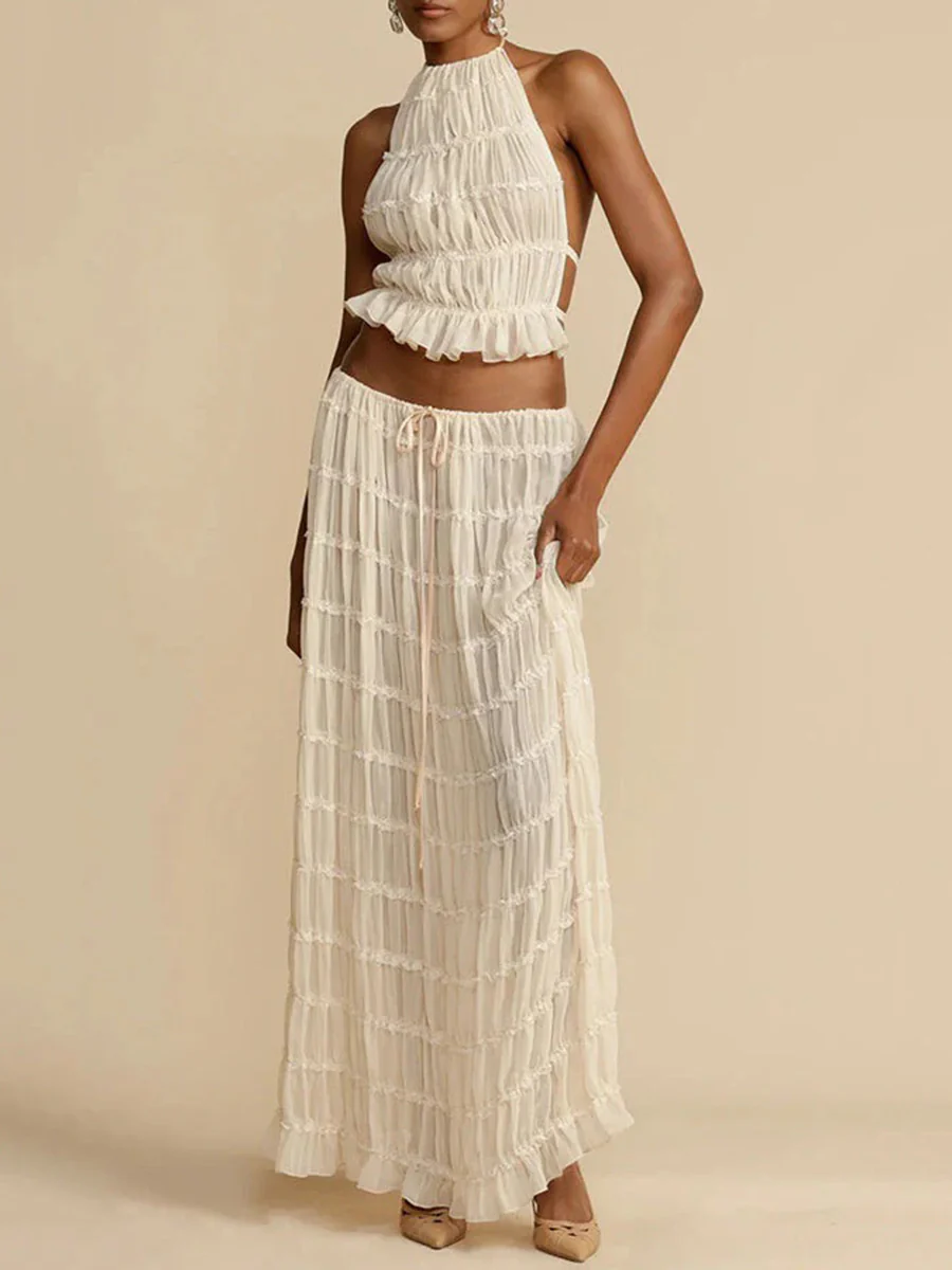Pleated Solid Color Textured Halter-Neck Cropped Backless Ruffled Tank Top + Tied Waist High Waisted Skirts Bottoms Two Pieces Set - Image 3