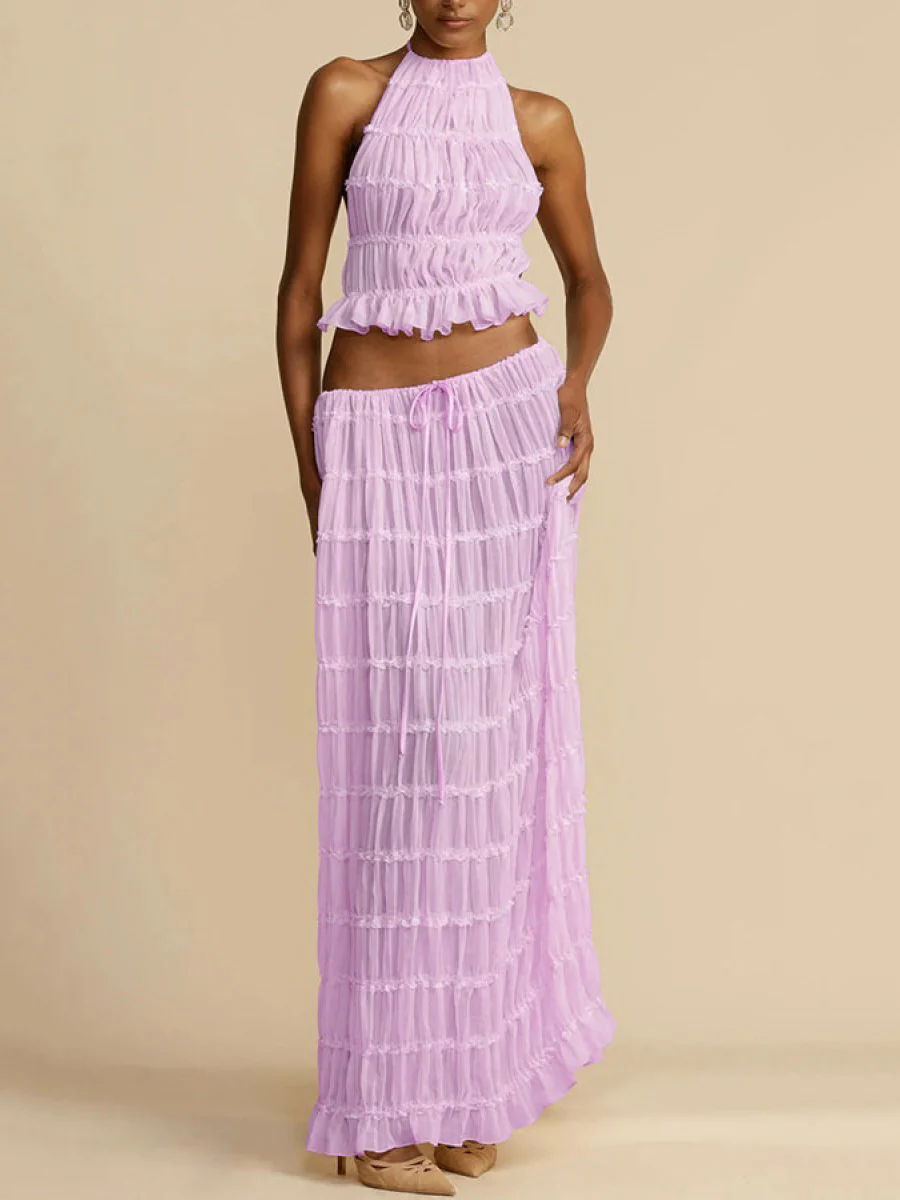 Pleated Solid Color Textured Halter-Neck Cropped Backless Ruffled Tank Top + Tied Waist High Waisted Skirts Bottoms Two Pieces Set - Image 4