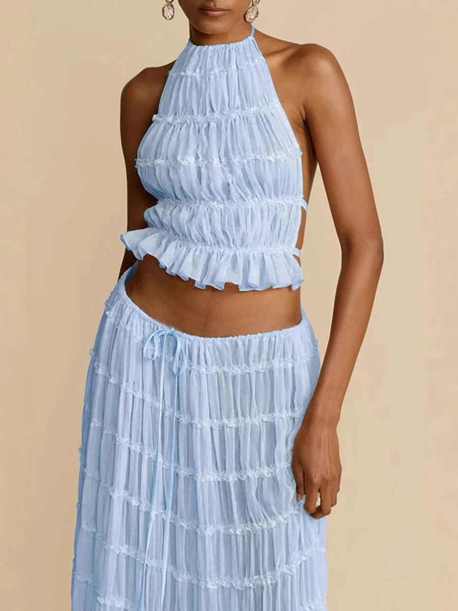 Pleated Solid Color Textured Halter-Neck Cropped Backless Ruffled Tank Top + Tied Waist High Waisted Skirts Bottoms Two Pieces Set - Image 5