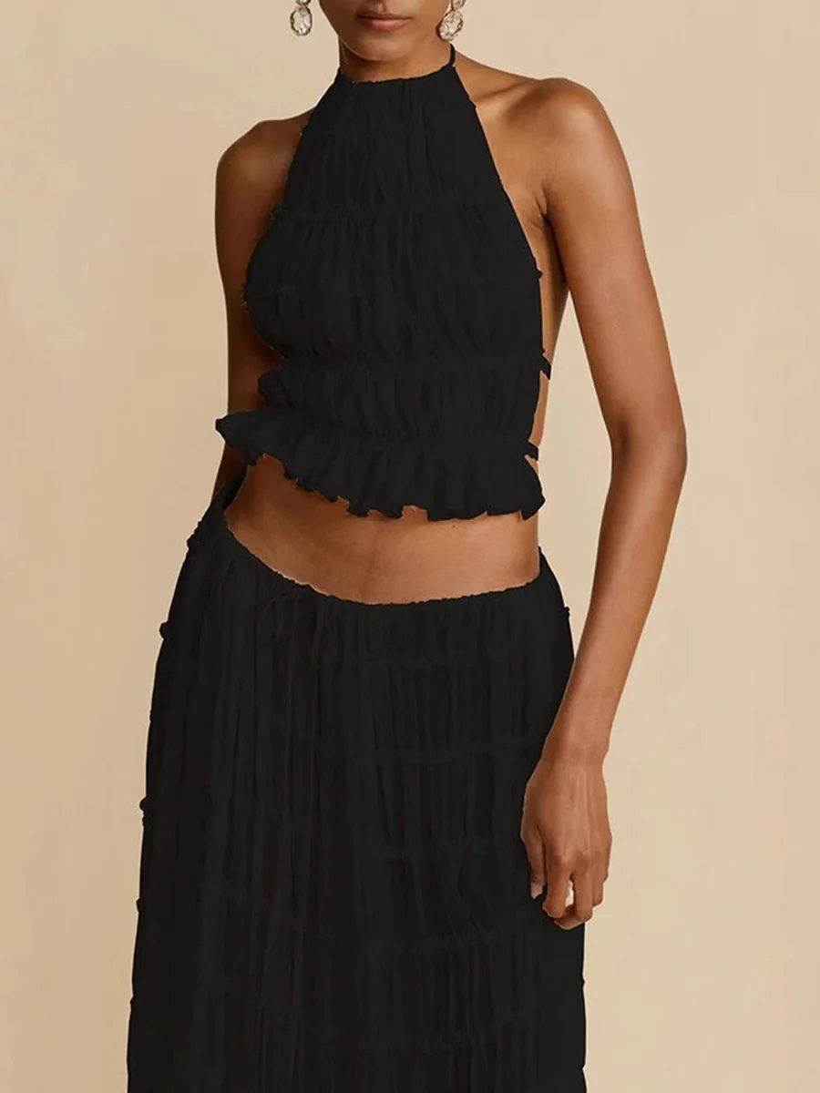 Pleated Solid Color Textured Halter-Neck Cropped Backless Ruffled Tank Top + Tied Waist High Waisted Skirts Bottoms Two Pieces Set - Image 6