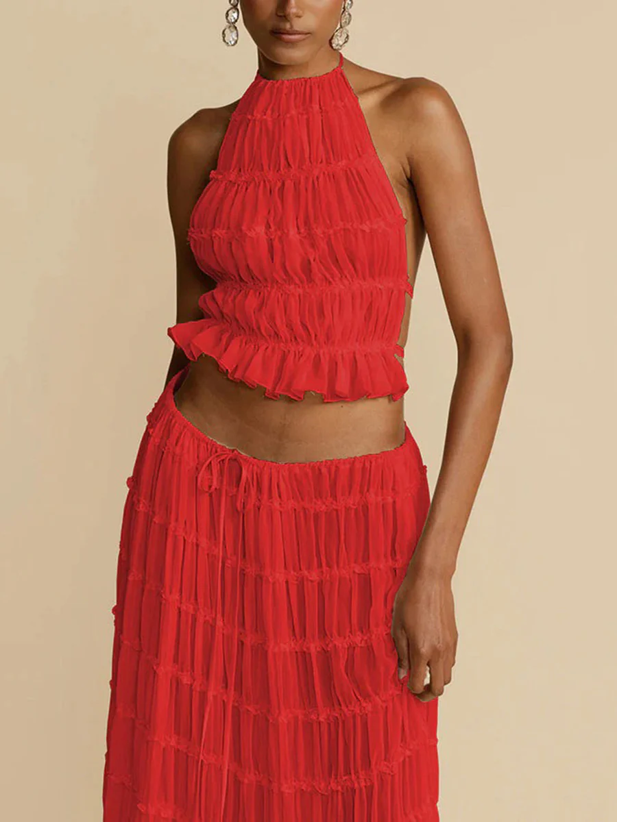 Pleated Solid Color Textured Halter-Neck Cropped Backless Ruffled Tank Top + Tied Waist High Waisted Skirts Bottoms Two Pieces Set - Image 7