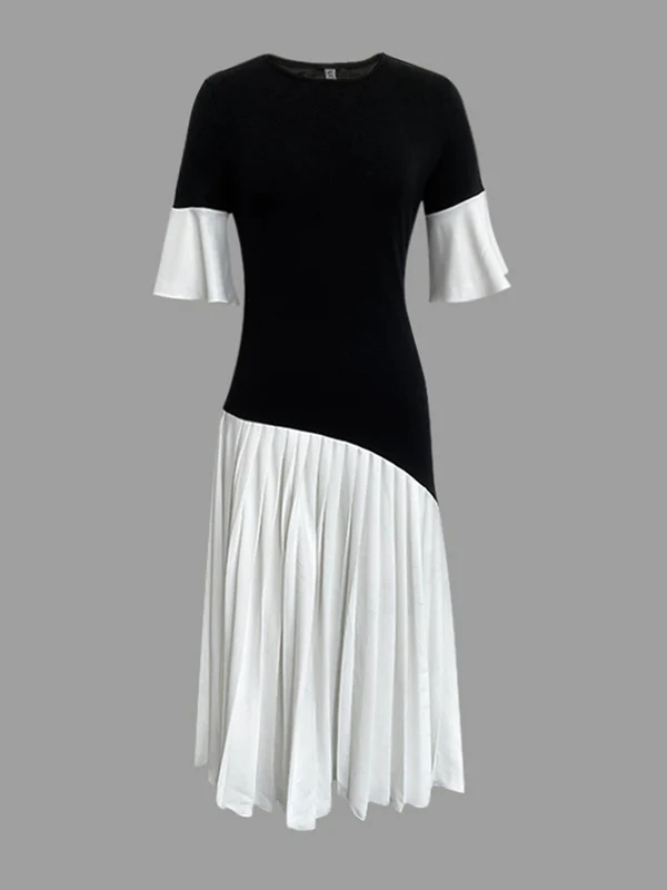 Flared Sleeves Half Sleeves Pleated Split-Joint Round-Neck Midi Dresses - Image 3
