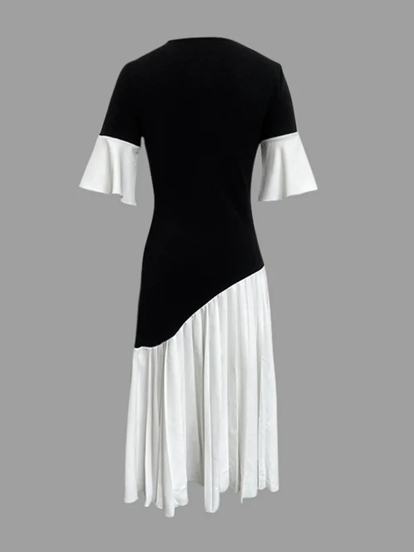 Flared Sleeves Half Sleeves Pleated Split-Joint Round-Neck Midi Dresses - Image 4