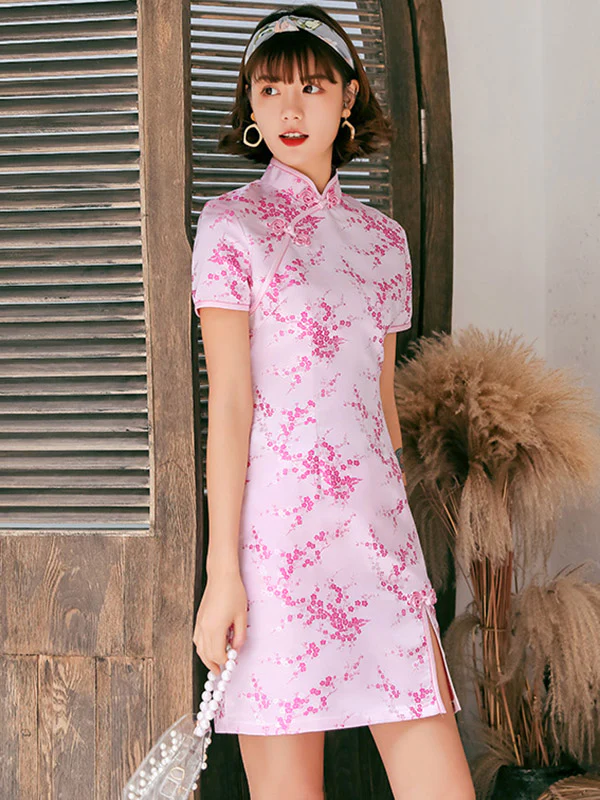 Plum Blossom Print Stand Collar Short Cheongsam - Image 4