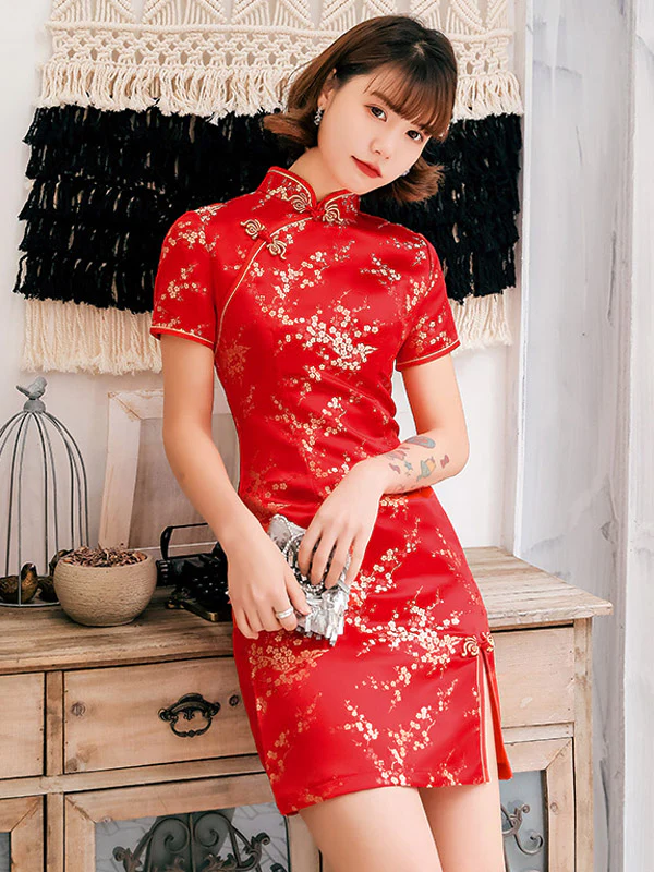 Plum Blossom Print Stand Collar Short Cheongsam - Image 5