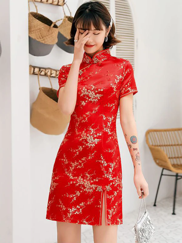 Plum Blossom Print Stand Collar Short Cheongsam - Image 6