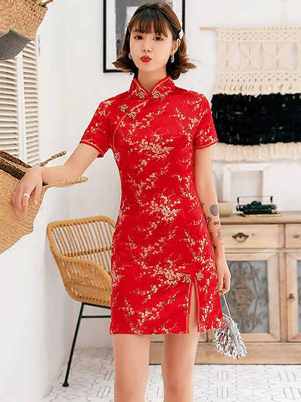 Plum Blossom Print Stand Collar Short Cheongsam - Image 7