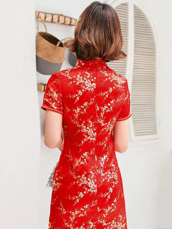 Plum Blossom Print Stand Collar Short Cheongsam - Image 8