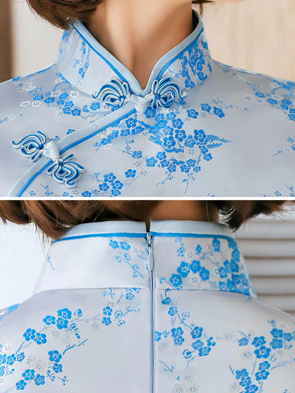 Plum Blossom Print Stand Collar Short Cheongsam - Image 9