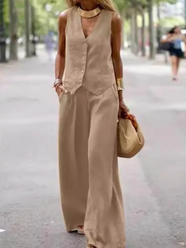 Plus Size Loose Solid Color Split-Joint V-Neck Vest + Elasticity Pants Two Pieces Set - Image 2