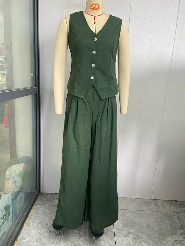 Plus Size Loose Solid Color Split-Joint V-Neck Vest + Elasticity Pants Two Pieces Set - Image 5