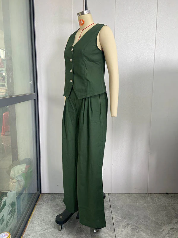 Plus Size Loose Solid Color Split-Joint V-Neck Vest + Elasticity Pants Two Pieces Set - Image 6