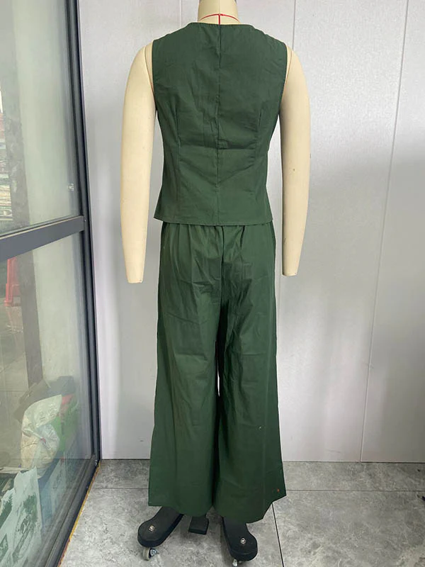 Plus Size Loose Solid Color Split-Joint V-Neck Vest + Elasticity Pants Two Pieces Set - Image 7