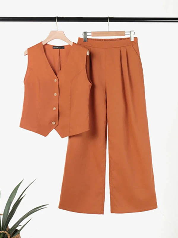 Plus Size Loose Solid Color Split-Joint V-Neck Vest + Elasticity Pants Two Pieces Set - Image 8