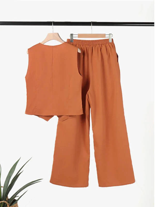 Plus Size Loose Solid Color Split-Joint V-Neck Vest + Elasticity Pants Two Pieces Set - Image 9