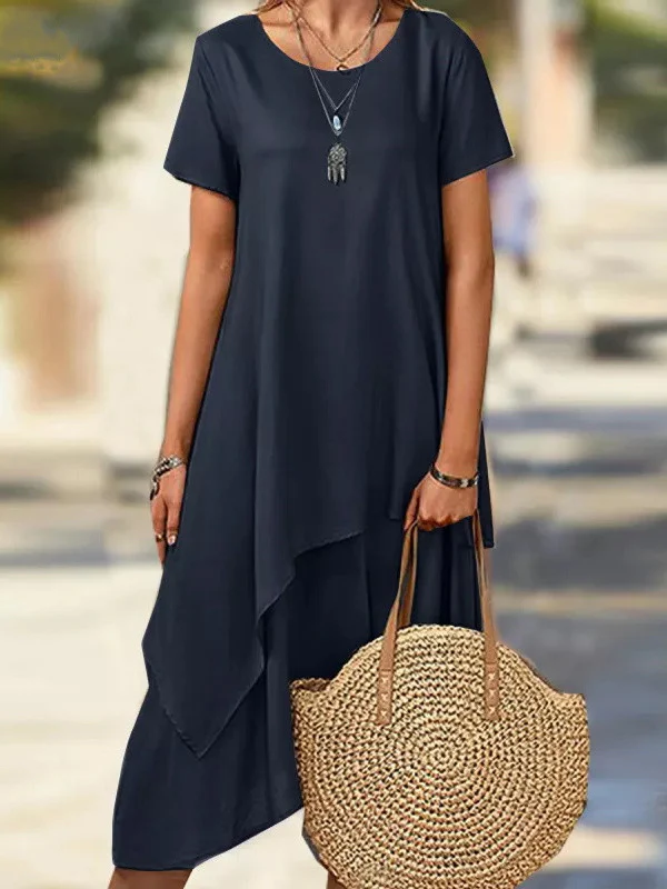 Plus Size Short Sleeves Asymmetric Solid Color Split-Joint Round-Neck Midi Dresses - Image 2