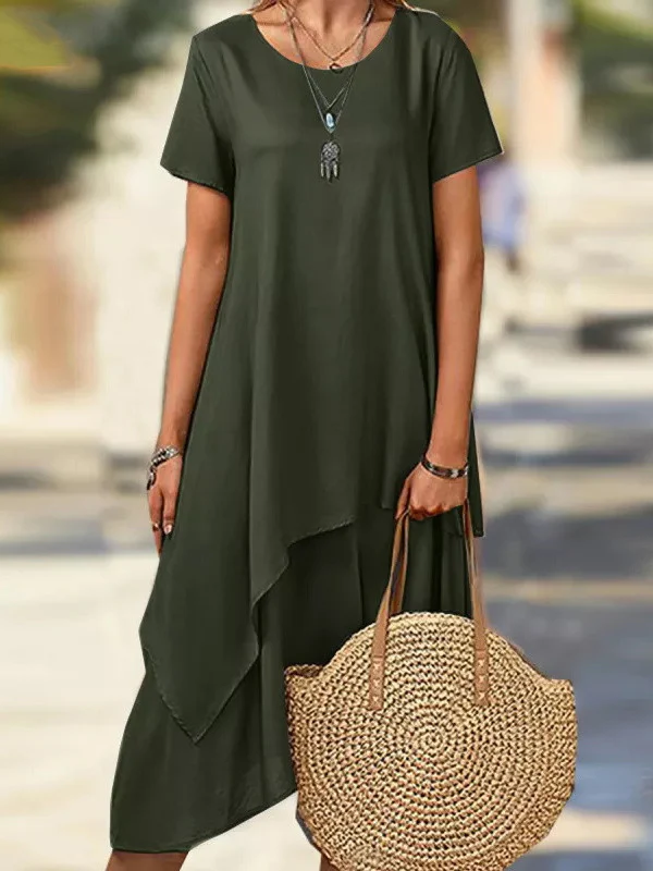 Plus Size Short Sleeves Asymmetric Solid Color Split-Joint Round-Neck Midi Dresses - Image 3