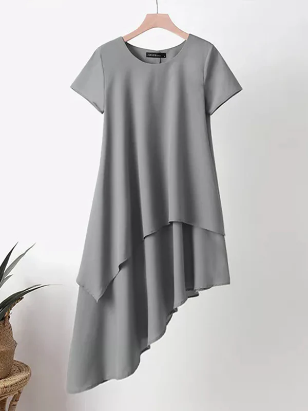 Plus Size Short Sleeves Asymmetric Solid Color Split-Joint Round-Neck Midi Dresses - Image 4