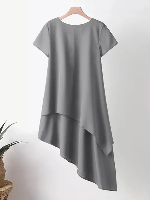 Plus Size Short Sleeves Asymmetric Solid Color Split-Joint Round-Neck Midi Dresses - Image 5