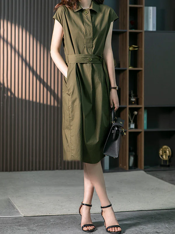 Plus Size Short Sleeves Bandage Solid Color Lapel Midi Dresses - Image 10