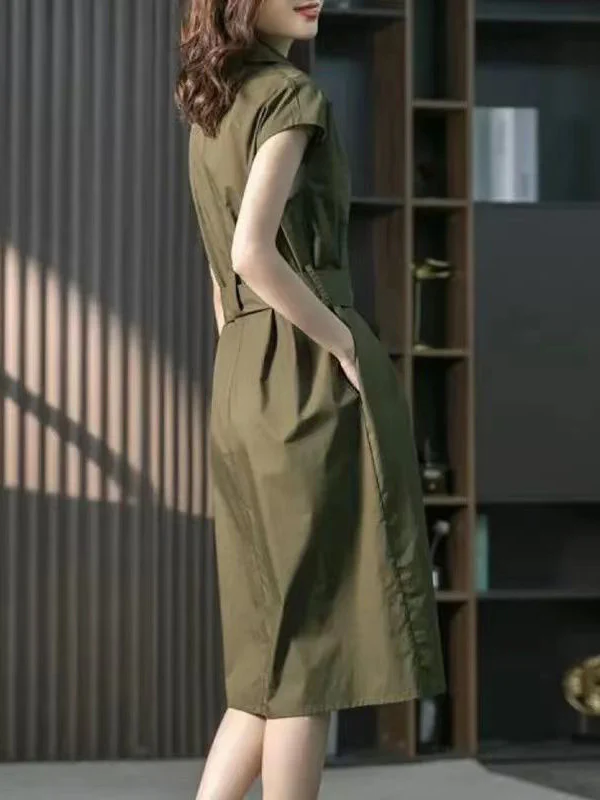 Plus Size Short Sleeves Bandage Solid Color Lapel Midi Dresses - Image 11