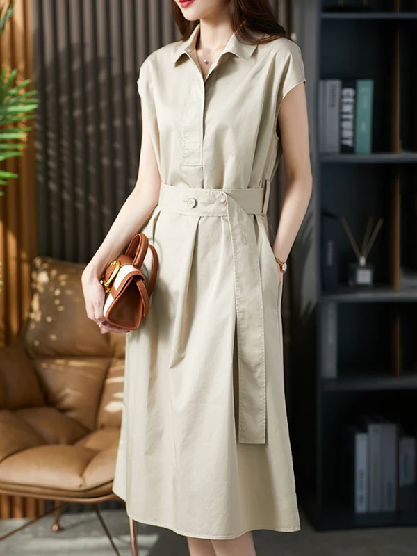 Plus Size Short Sleeves Bandage Solid Color Lapel Midi Dresses - Image 14