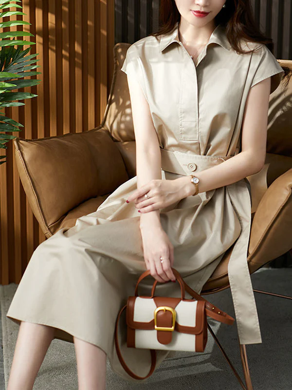 Plus Size Short Sleeves Bandage Solid Color Lapel Midi Dresses - Image 17