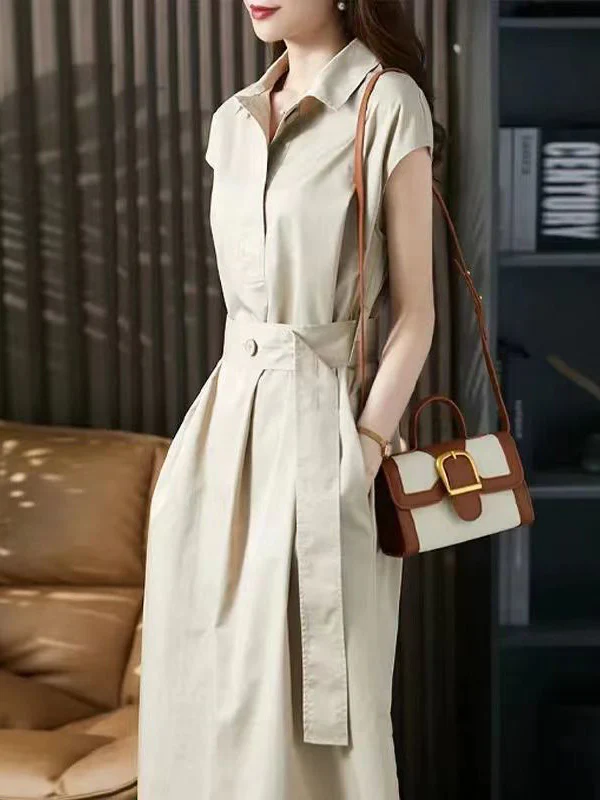 Plus Size Short Sleeves Bandage Solid Color Lapel Midi Dresses - Image 2