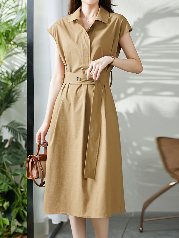 Plus Size Short Sleeves Bandage Solid Color Lapel Midi Dresses - Image 3
