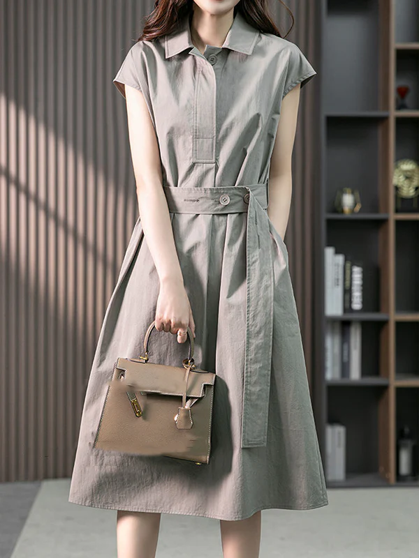 Plus Size Short Sleeves Bandage Solid Color Lapel Midi Dresses - Image 4