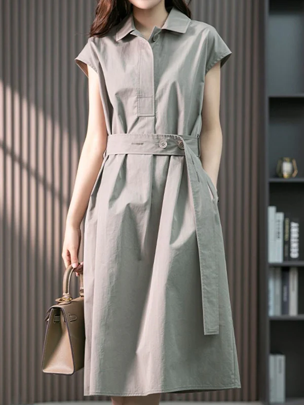 Plus Size Short Sleeves Bandage Solid Color Lapel Midi Dresses - Image 5