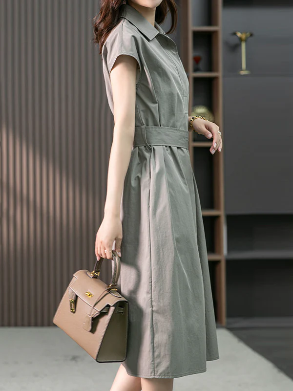 Plus Size Short Sleeves Bandage Solid Color Lapel Midi Dresses - Image 6
