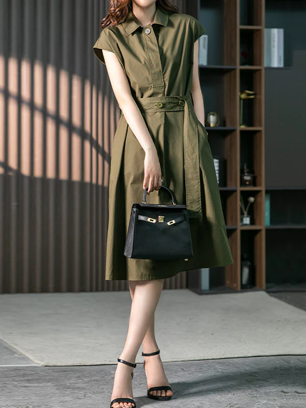 Plus Size Short Sleeves Bandage Solid Color Lapel Midi Dresses - Image 8