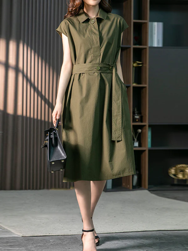 Plus Size Short Sleeves Bandage Solid Color Lapel Midi Dresses - Image 9