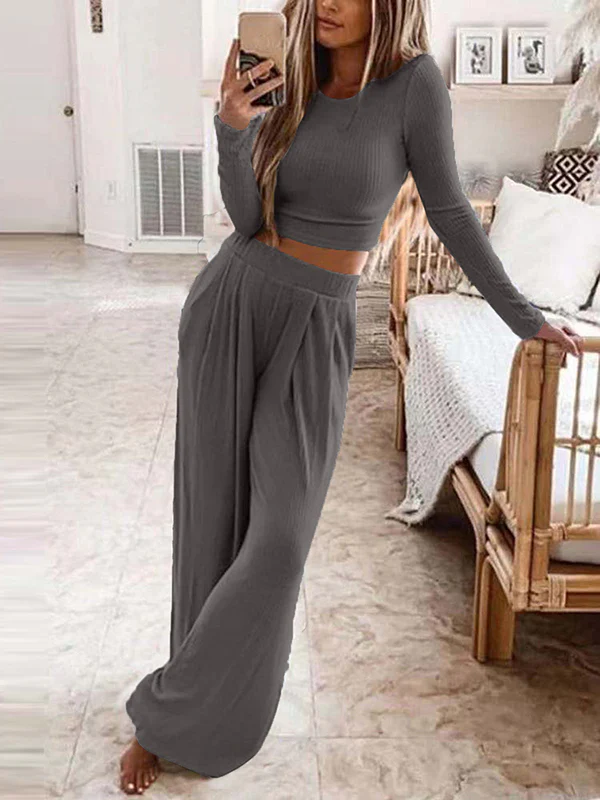 Plus Size Solid Color Round-Neck Long Sleeves Shirts Top + Pants Bottom Two Pieces Set - Image 3