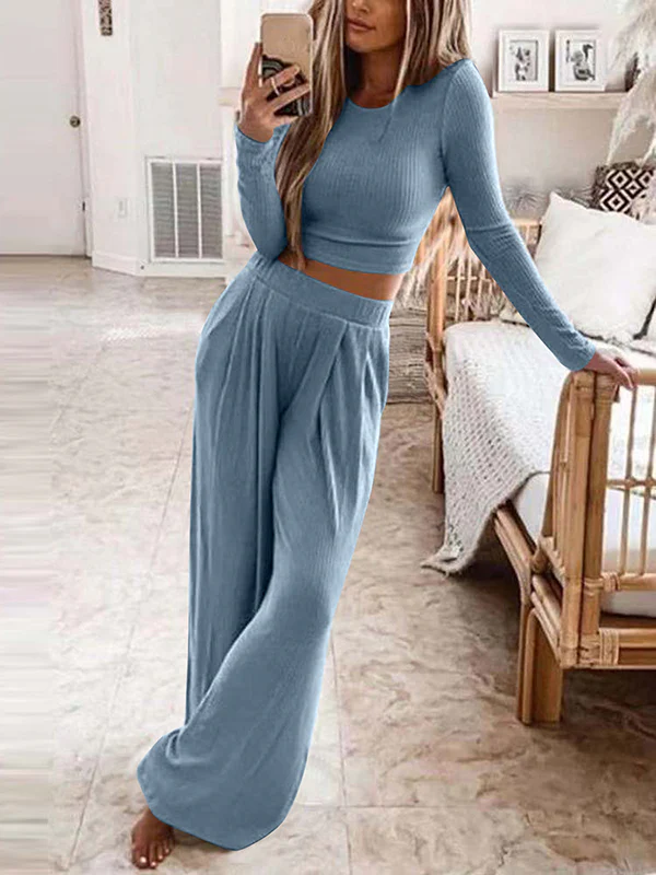Plus Size Solid Color Round-Neck Long Sleeves Shirts Top + Pants Bottom Two Pieces Set - Image 4