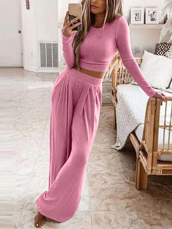 Plus Size Solid Color Round-Neck Long Sleeves Shirts Top + Pants Bottom Two Pieces Set - Image 5