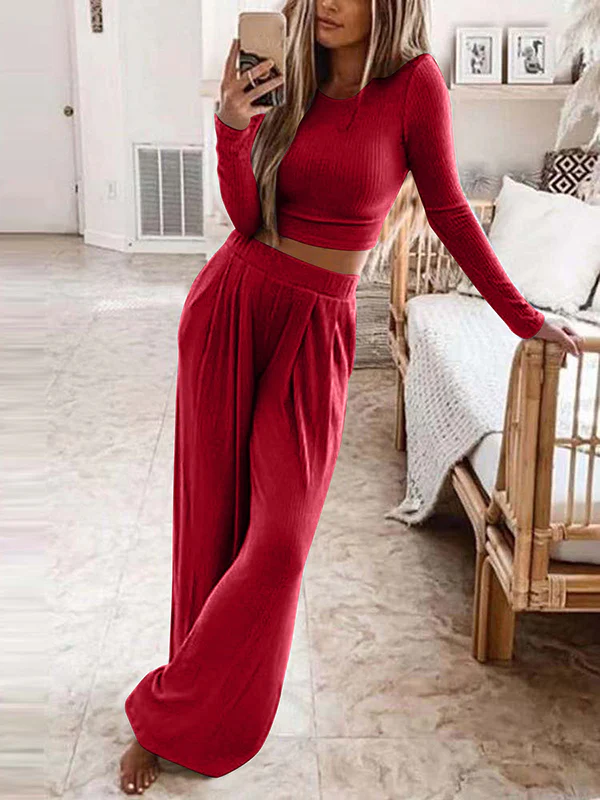 Plus Size Solid Color Round-Neck Long Sleeves Shirts Top + Pants Bottom Two Pieces Set - Image 6